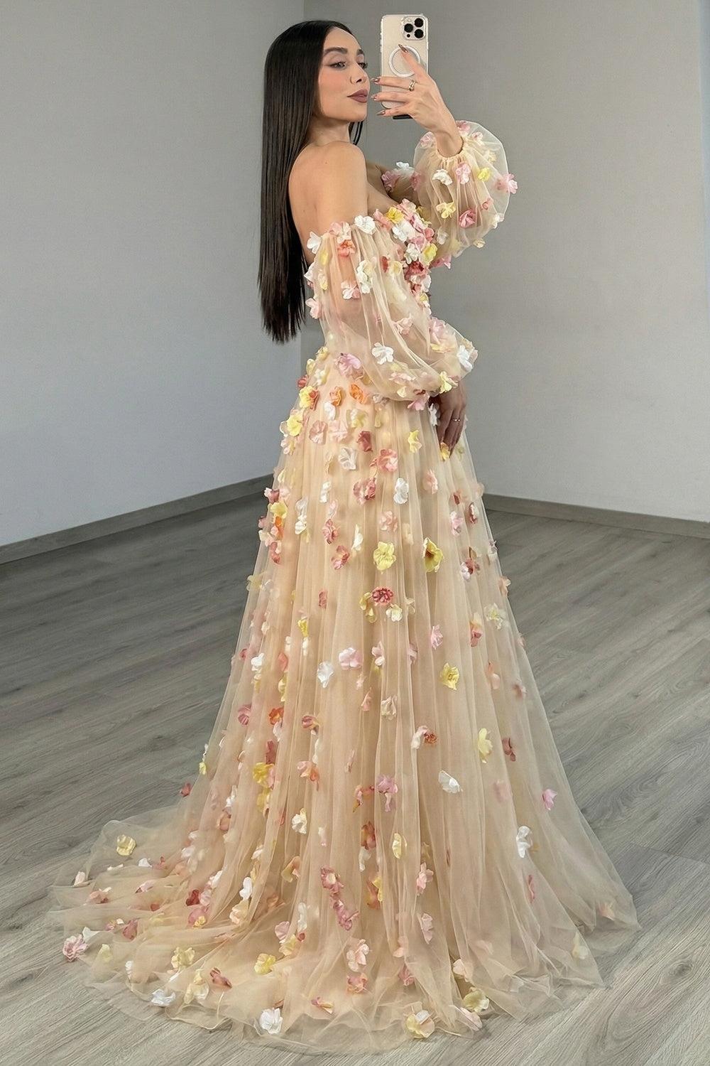 Suzhoufashion Champagne Floral Prom Dress Tulle A Line Long Formal Dress With Sleeves