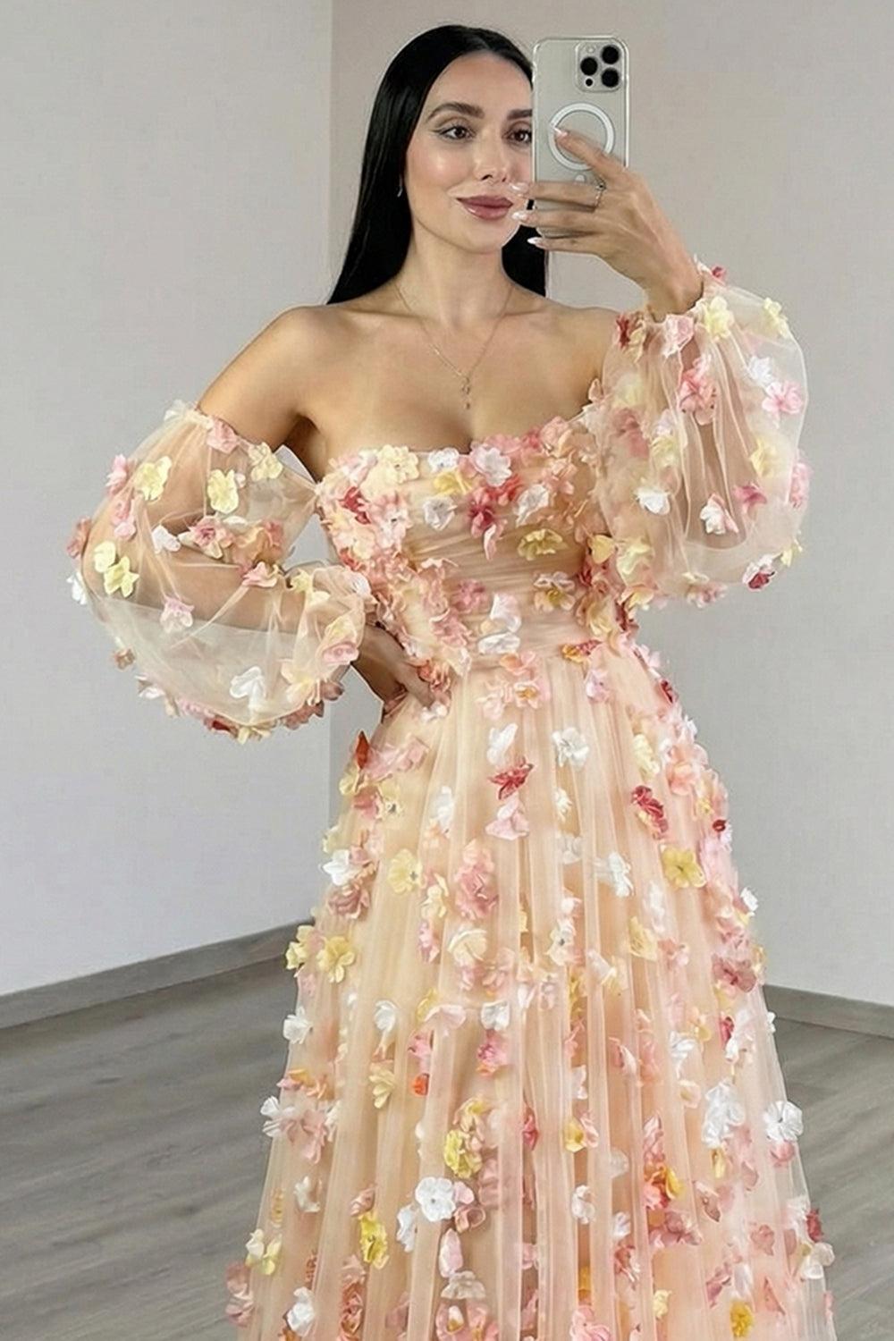 Suzhoufashion Champagne Floral Prom Dress Tulle A Line Long Formal Dress With Sleeves