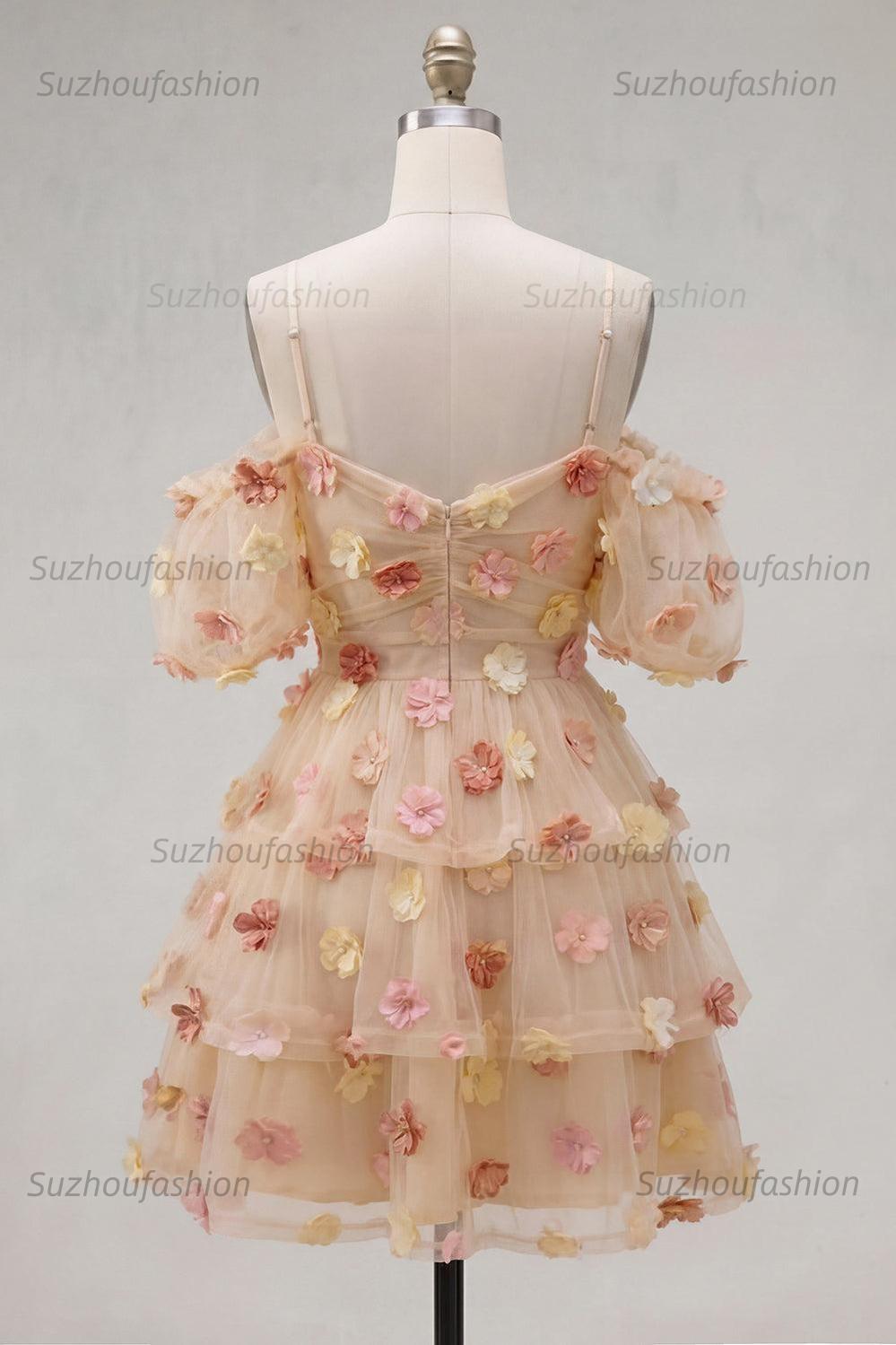 Suzhoufashion Champagne Floral Puff Sleeves A-Line Short Homecoming Dress