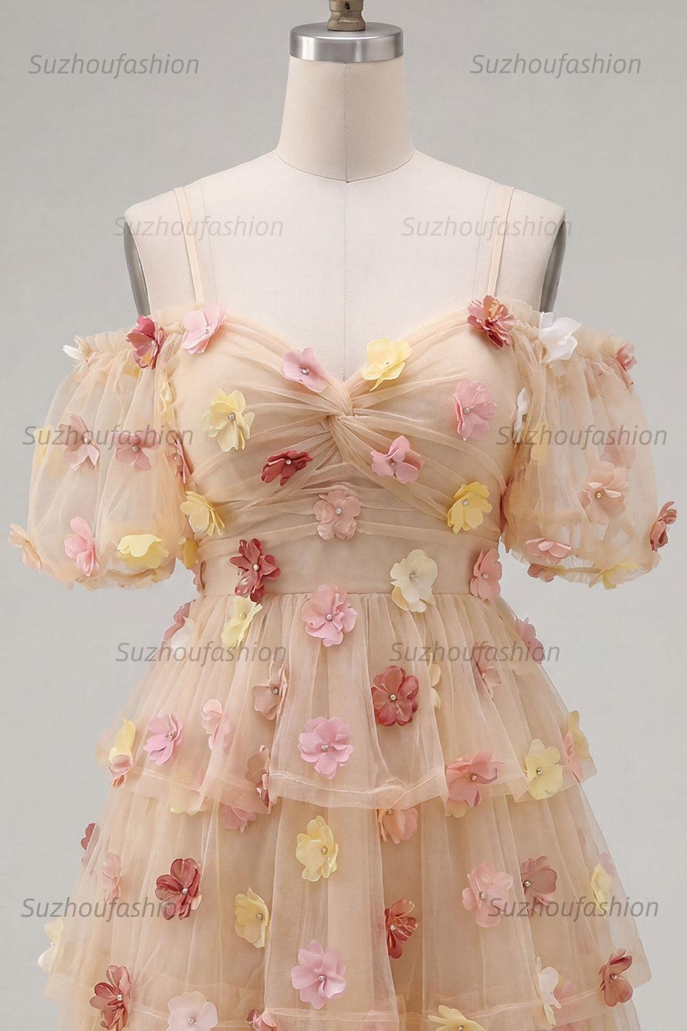 Suzhoufashion Champagne Floral Puff Sleeves A-Line Short Homecoming Dress