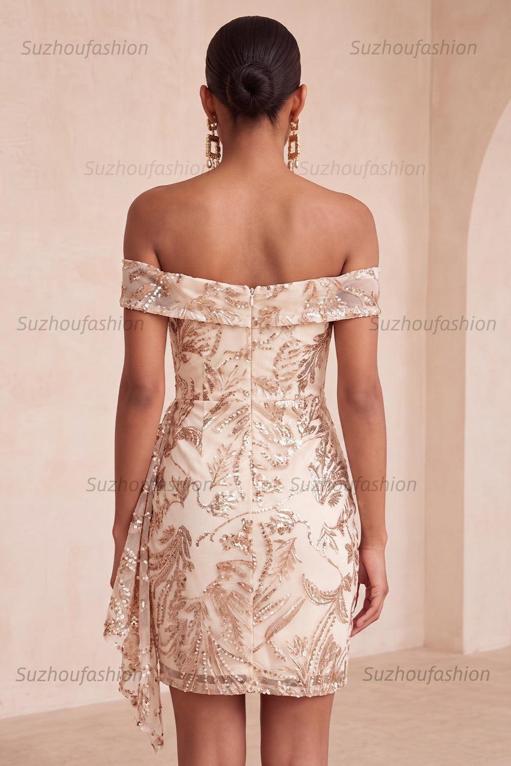 Suzhoufashion Champagne Floral Sequins Tight Short Homecoming Dress