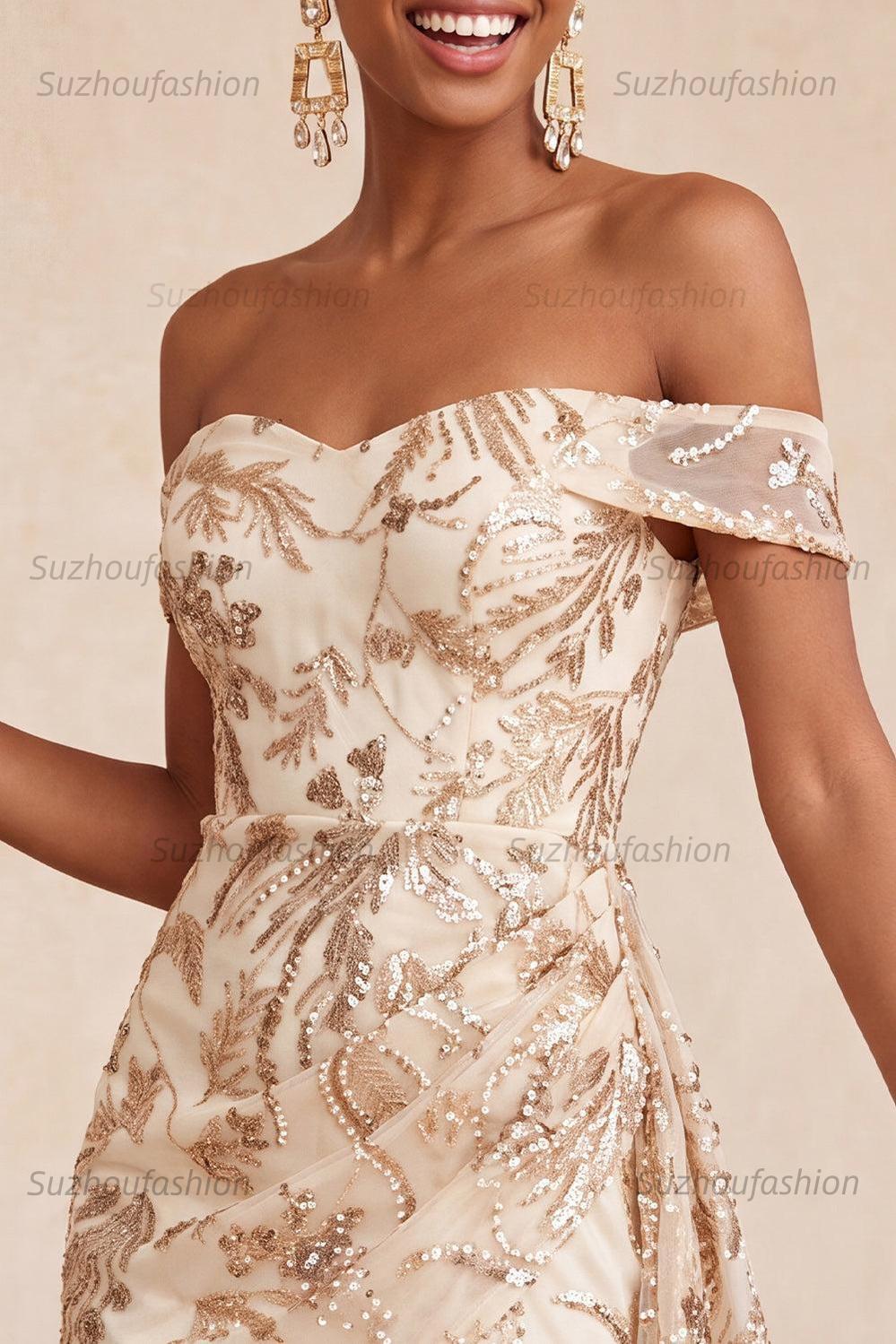 Suzhoufashion Champagne Floral Sequins Tight Short Homecoming Dress