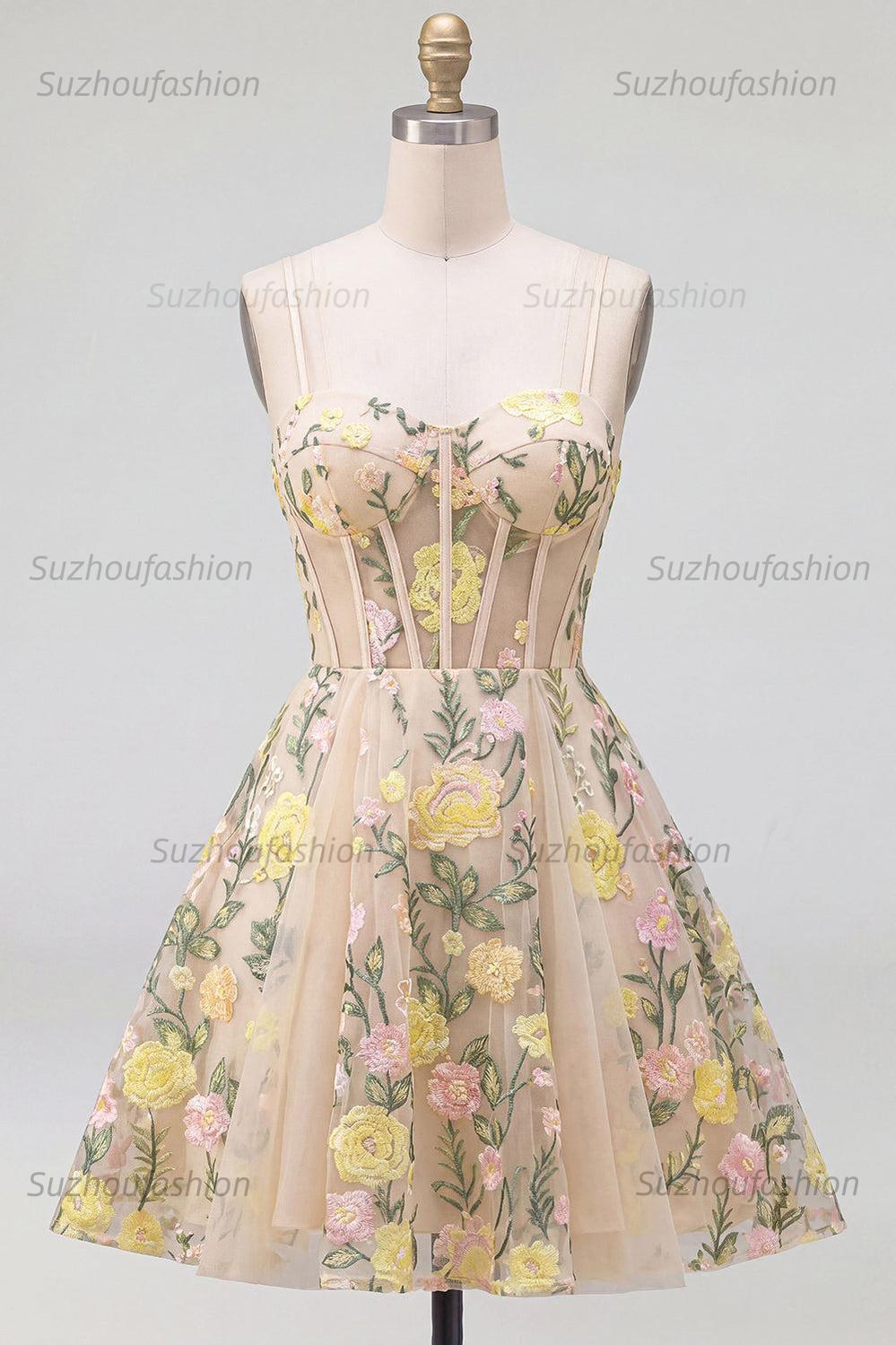 Suzhoufashion Champagne Floral Spaghetti Straps A-Line Corset Short Homecoming Dress