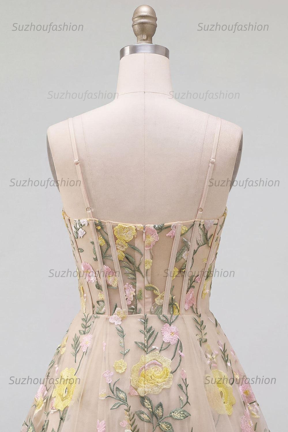 Suzhoufashion Champagne Floral Spaghetti Straps A-Line Corset Short Homecoming Dress