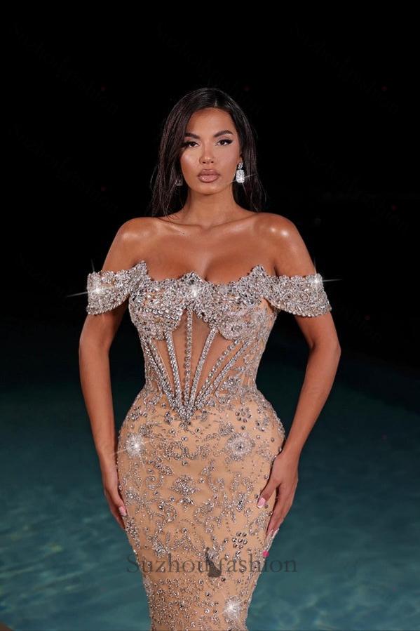 Suzhoufashion Champagne Formal Dress Off the Shoulder Tulle Corset Prom Dress with Rhinestones