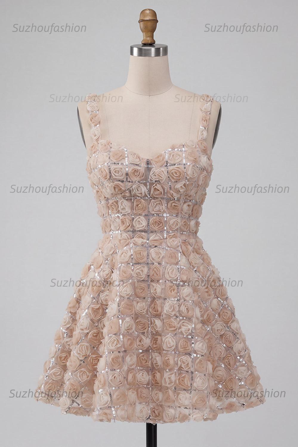 Suzhoufashion Champagne Sequin A-Line Short Homecoming Dress with 3D Flowers