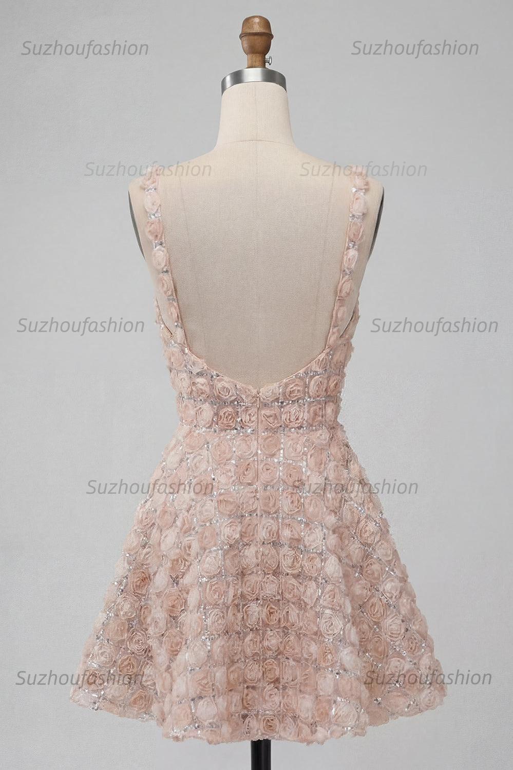 Suzhoufashion Champagne Sequin A-Line Short Homecoming Dress with 3D Flowers