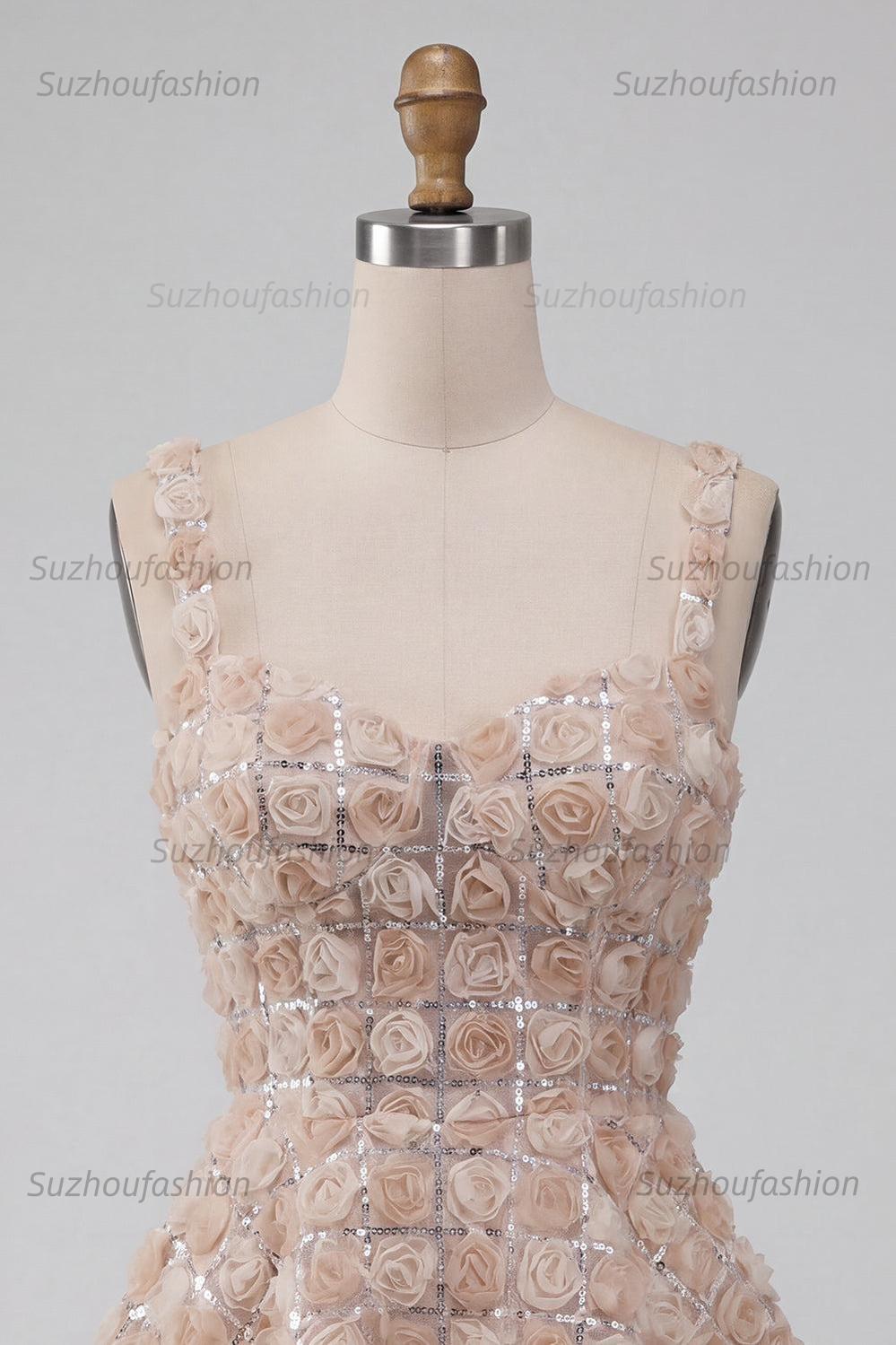 Suzhoufashion Champagne Sequin A-Line Short Homecoming Dress with 3D Flowers