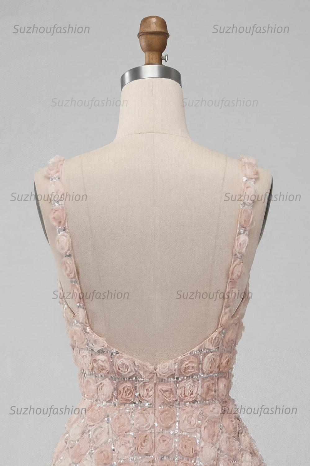 Suzhoufashion Champagne Sequin A-Line Short Homecoming Dress with 3D Flowers