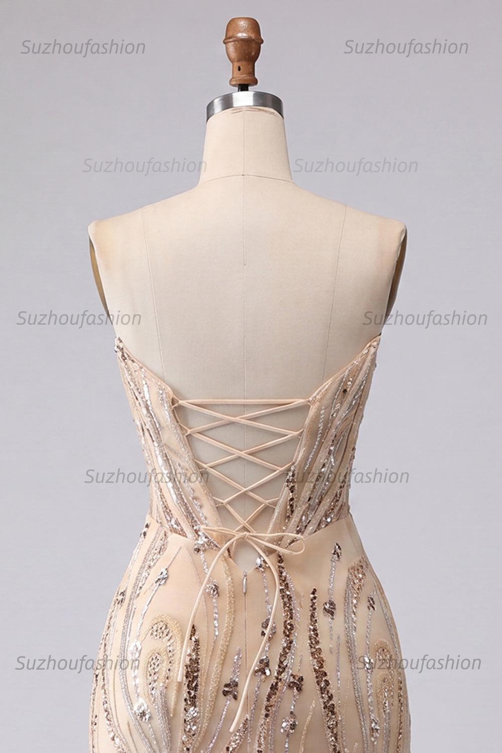 Suzhoufashion Champagne Sequin Tight Short Corset Homecoming Dress