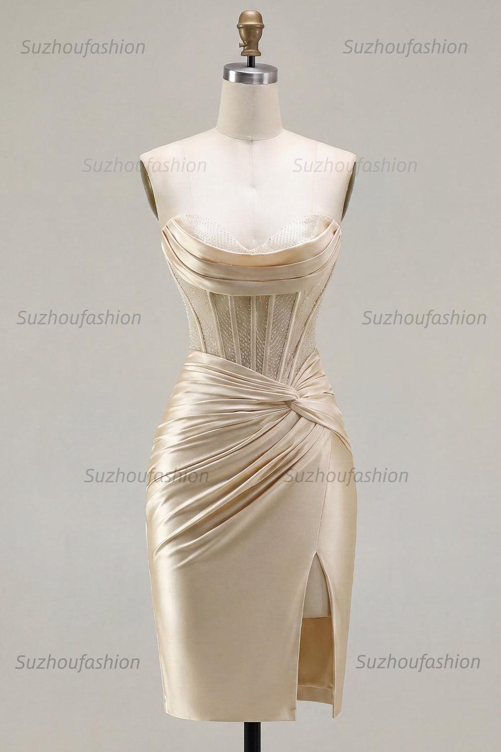 Suzhoufashion Champagne Strapless Ruched Corset Tight Short Homecoming Dress with Slit