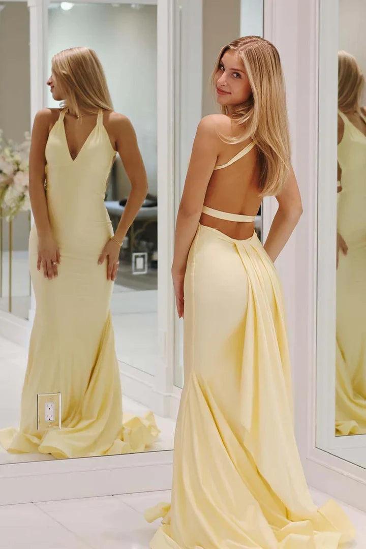 Suzhoufashion Charming Mermaid Deep V Neck Yellow Long Prom Dress With Backless Formal Evening Gown