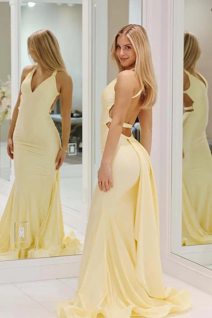 Suzhoufashion Charming Mermaid Deep V Neck Yellow Long Prom Dress With Backless Formal Evening Gown