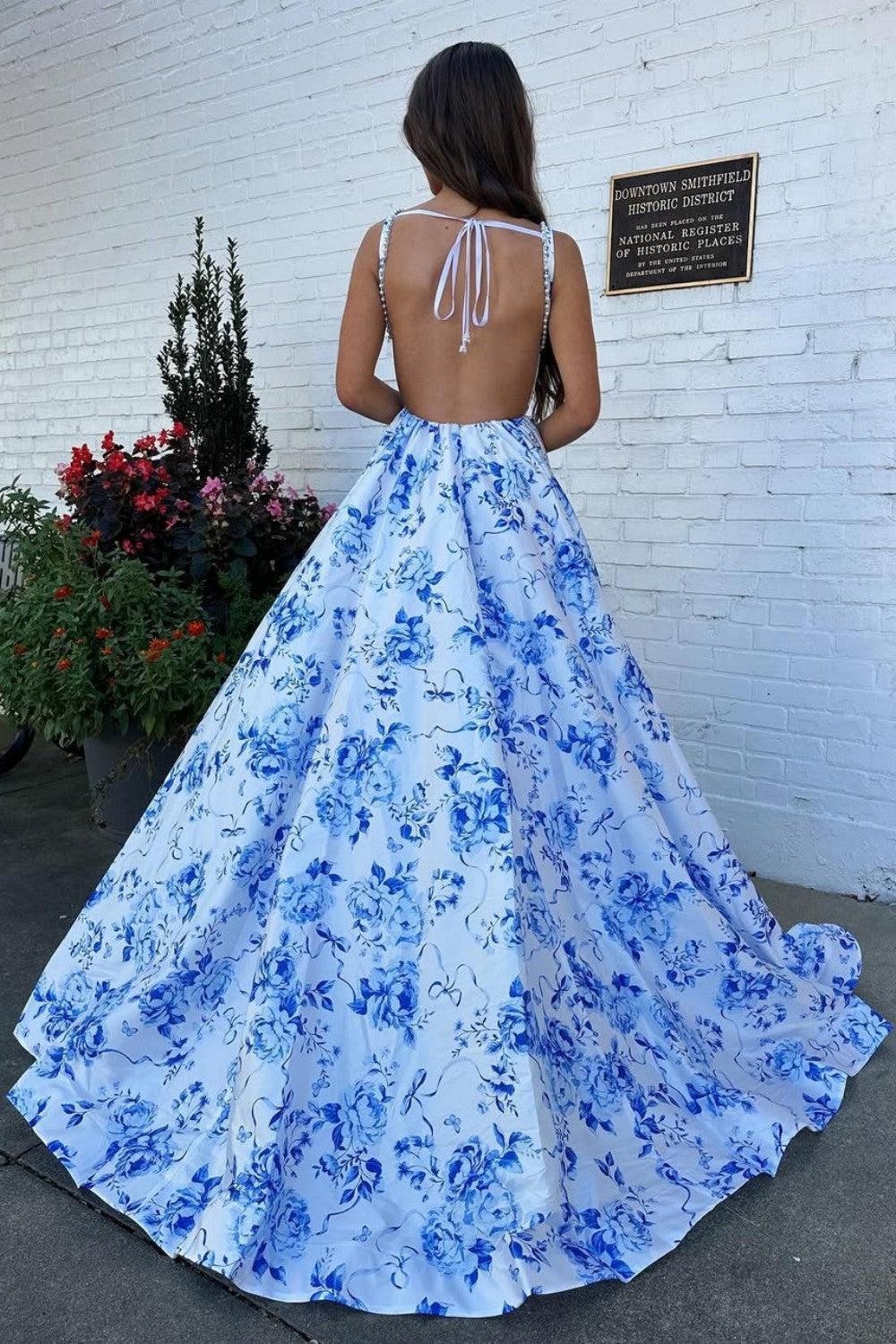 Suzhoufashion Classic Blue Floral A-Line Square Neck Backless Long Prom Gown Formal Evening Gown