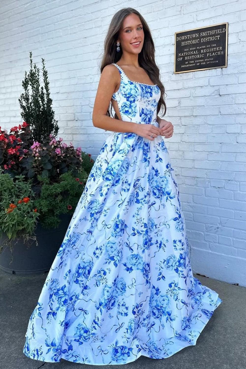 Suzhoufashion Classic Blue Floral A-Line Square Neck Backless Long Prom Gown Formal Evening Gown