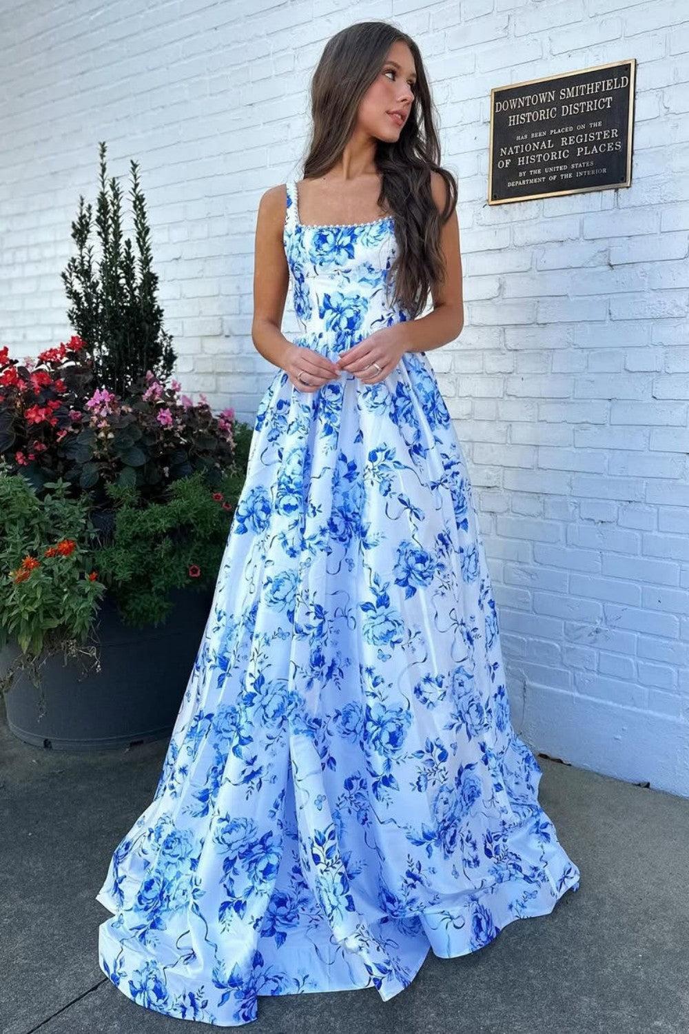 Suzhoufashion Classic Blue Floral A-Line Square Neck Backless Long Prom Gown Formal Evening Gown