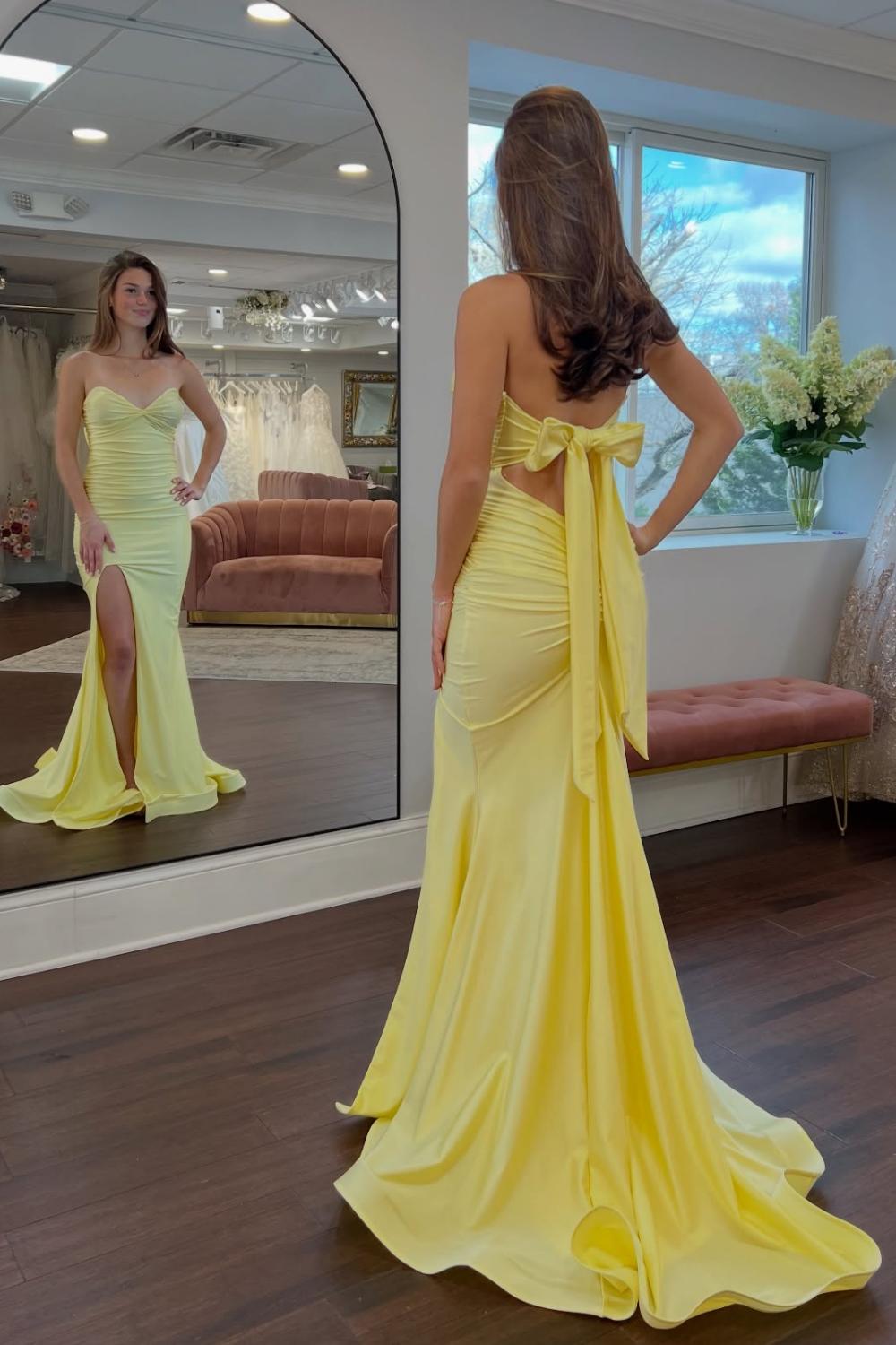 Suzhoufashion Classic Mermaid Sweetheart Yellow Long Prom Dress With Split Front Open Back Formal Evening Gown
