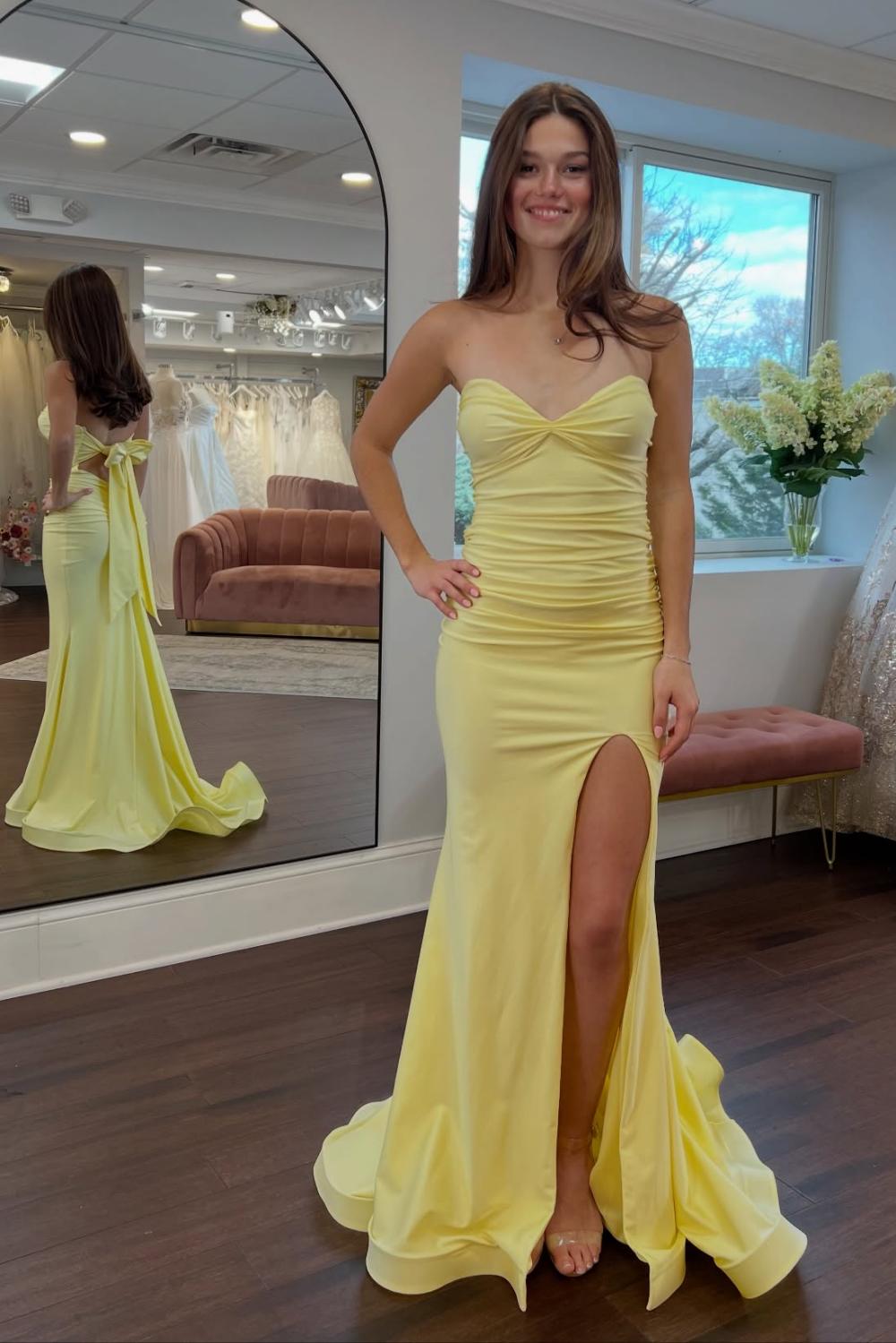 Suzhoufashion Classic Mermaid Sweetheart Yellow Long Prom Dress With Split Front Open Back Formal Evening Gown