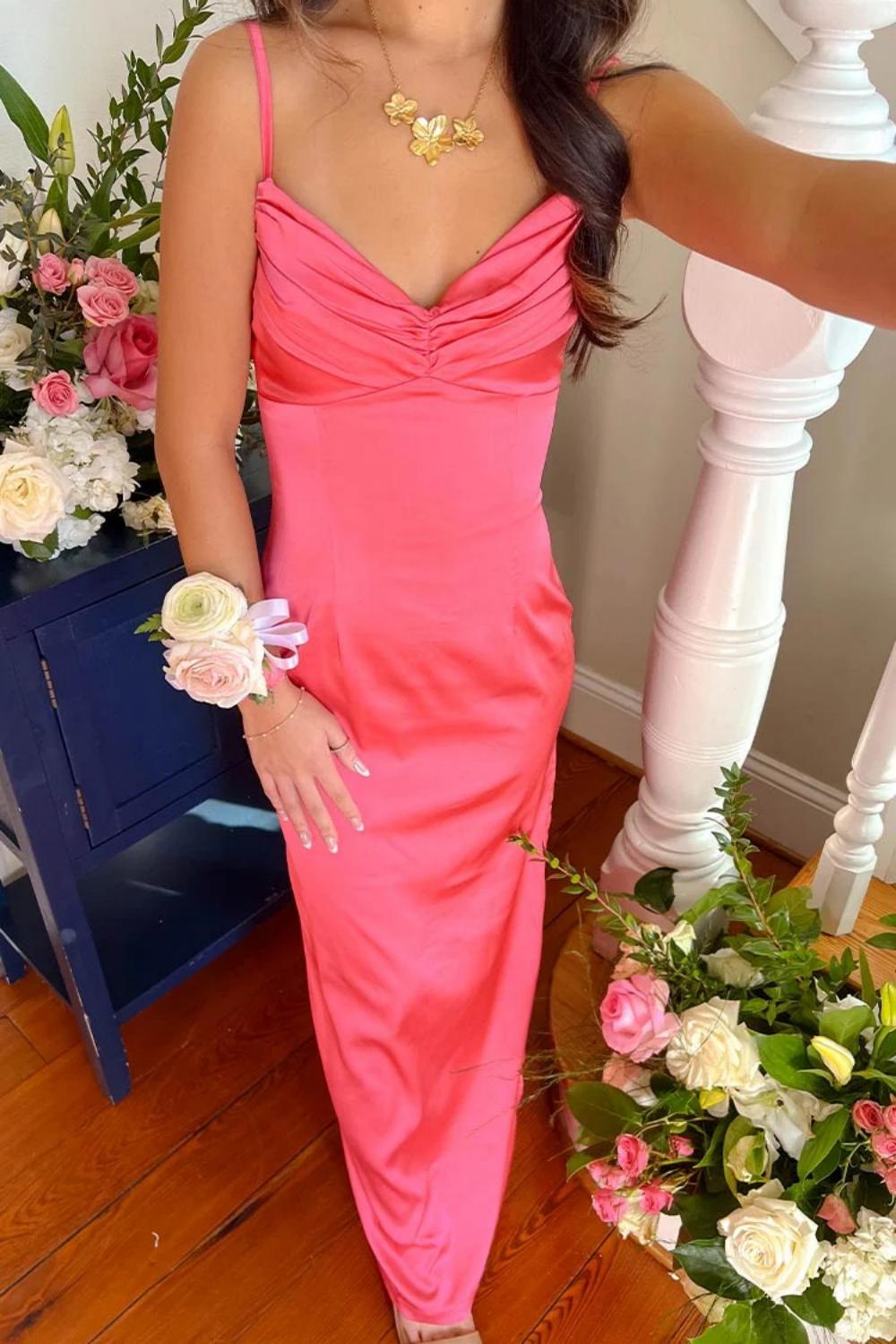 Suzhoufashion Classic Sheath Spaghetti Straps Candy Pink Long Prom Dress With Ruched Formal Evening Gown