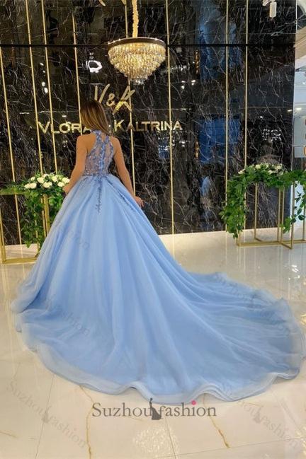 Suzhoufashion Classy Long Blue A-line Halter Sleeveless Beading Evening Gowns With Glitter