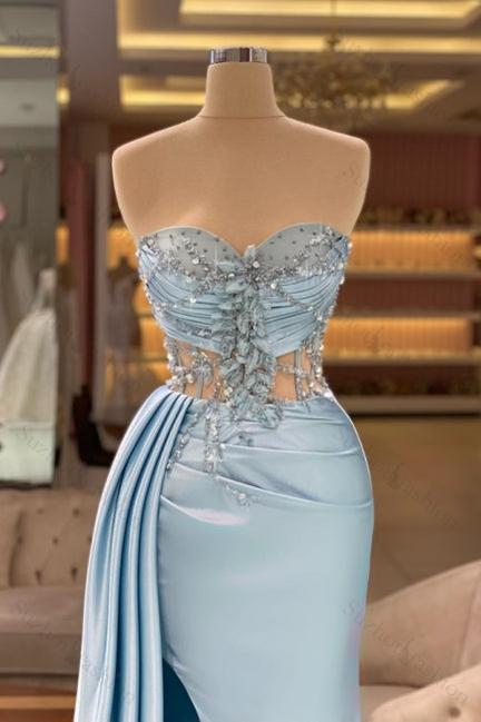 Suzhoufashion Column Slit Front Long Sweetheart Strapless Sleeveless Sky Blue Ruffle Satin Prom Dresses with Beadings