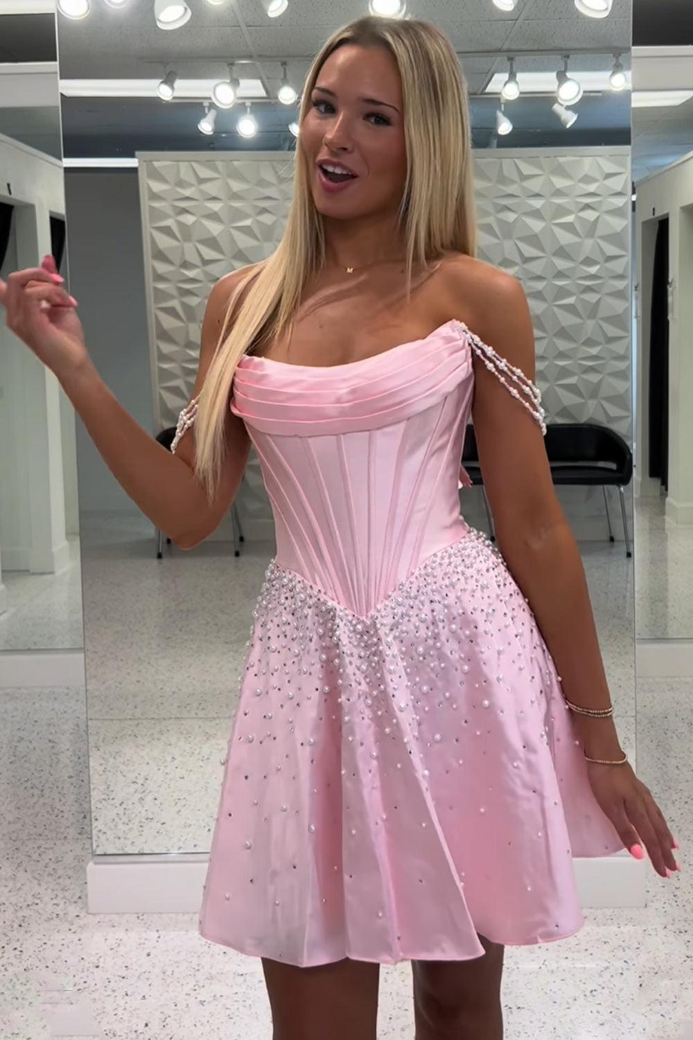 Suzhoufashion Corset Pink Off the Shoulder Pearls Short Homecoming Dress