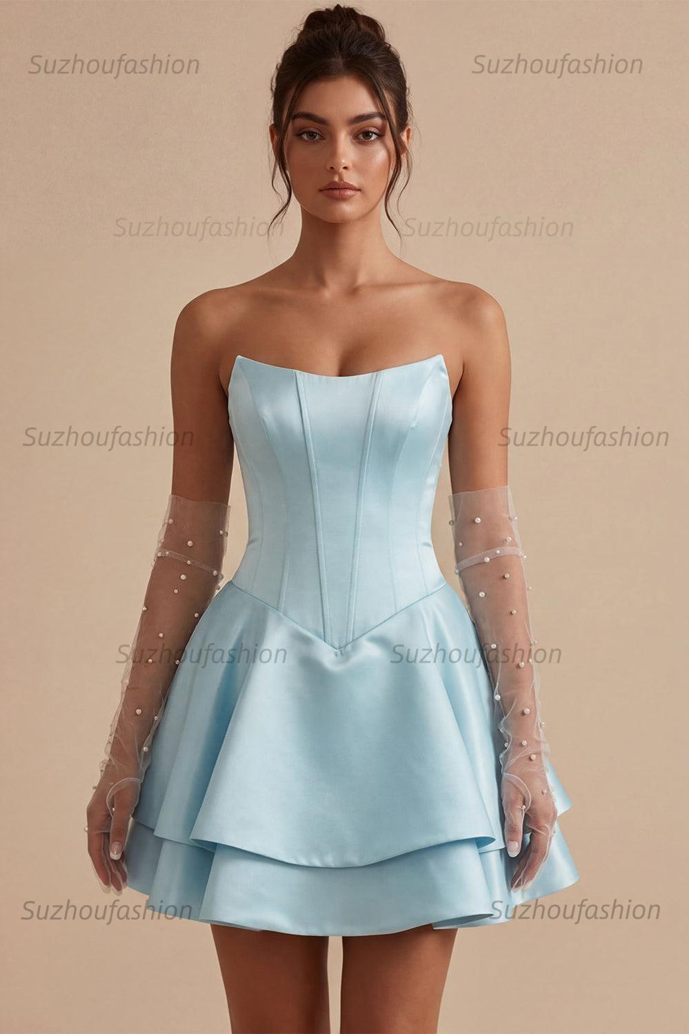 Suzhoufashion Corset Satin Ruffled Sky Blue A Line Short Homecoming Dress