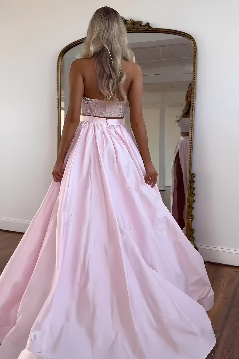 Suzhoufashion Cute Pink Strapless Beaded Top Long Satin Prom Dress With Slit Formal Evening Gown