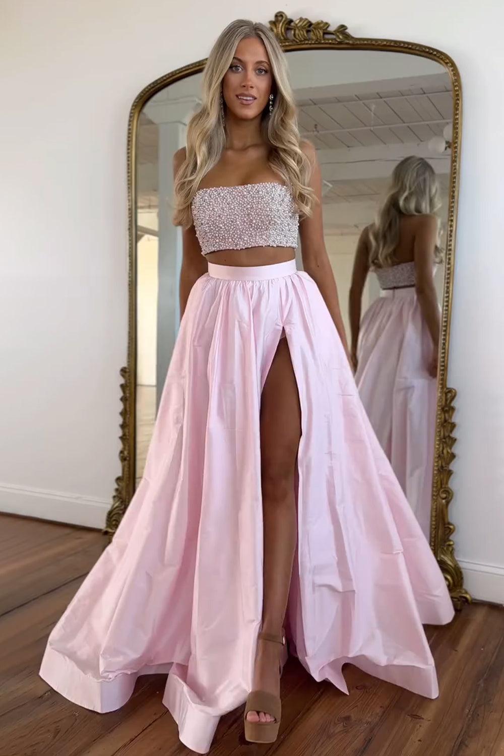 Suzhoufashion Cute Pink Strapless Beaded Top Long Satin Prom Dress With Slit Formal Evening Gown