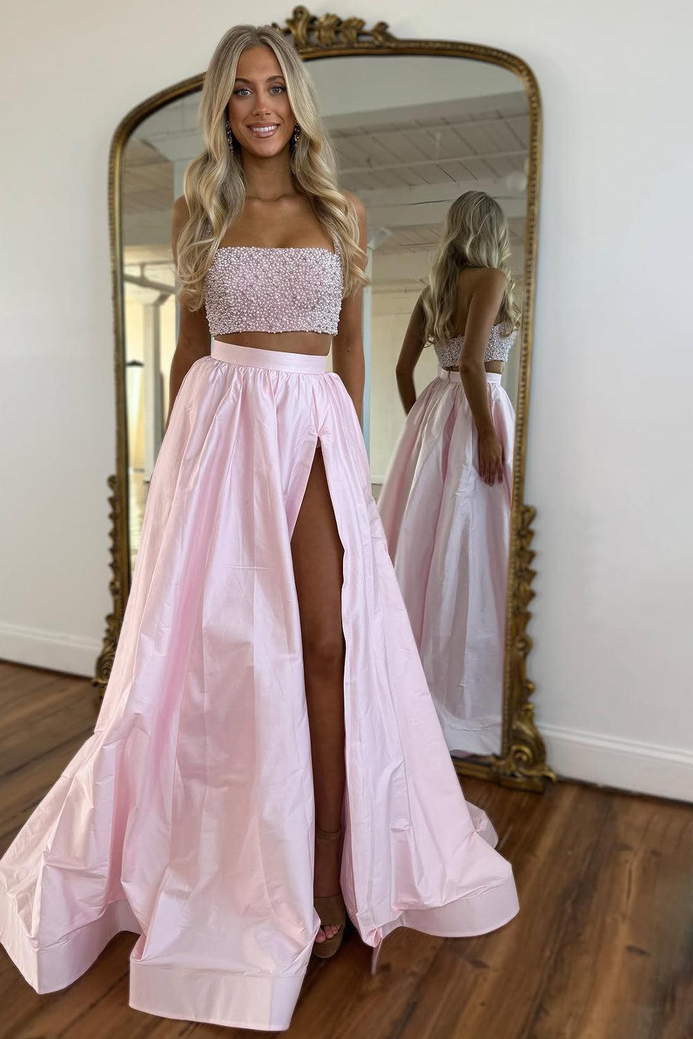 Suzhoufashion Cute Pink Strapless Beaded Top Long Satin Prom Dress With Slit Formal Evening Gown