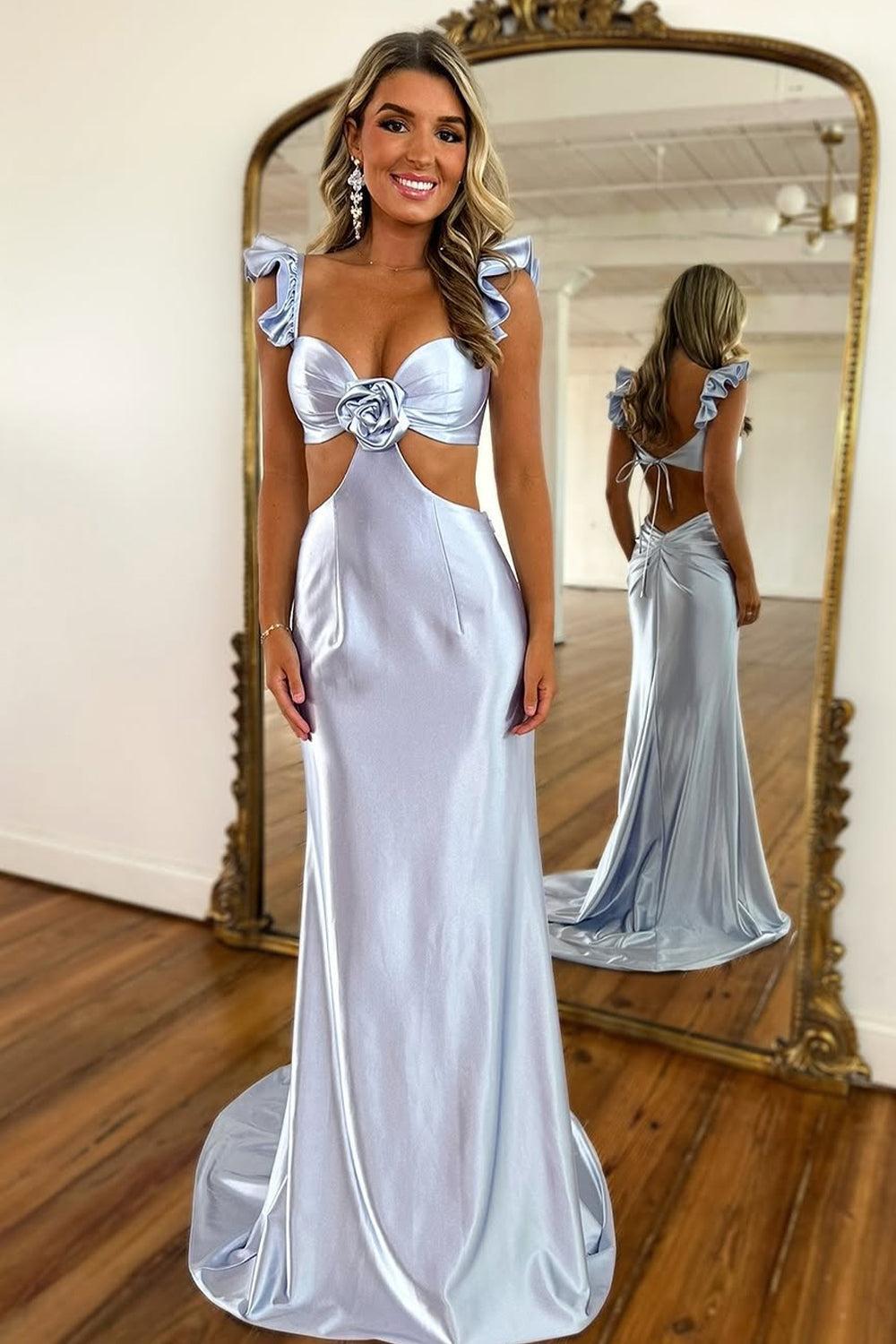 Suzhoufashion Cute Stylish Mermaid Satin Prom Dress With Waist Hollow Design Long Silhouette And Floral Accent Formal Evening Gown