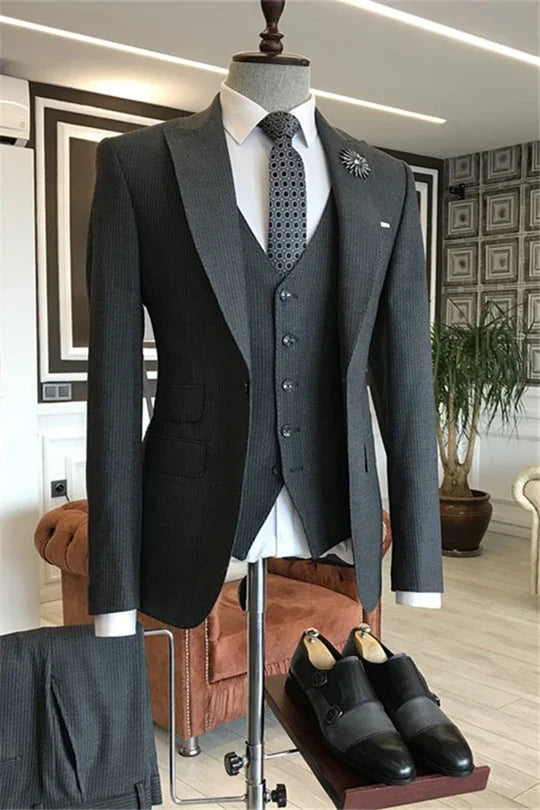 Suzhoufashion Dark Gray Three Pieces Shawl Peaked Bespoke Wedding Men Suits