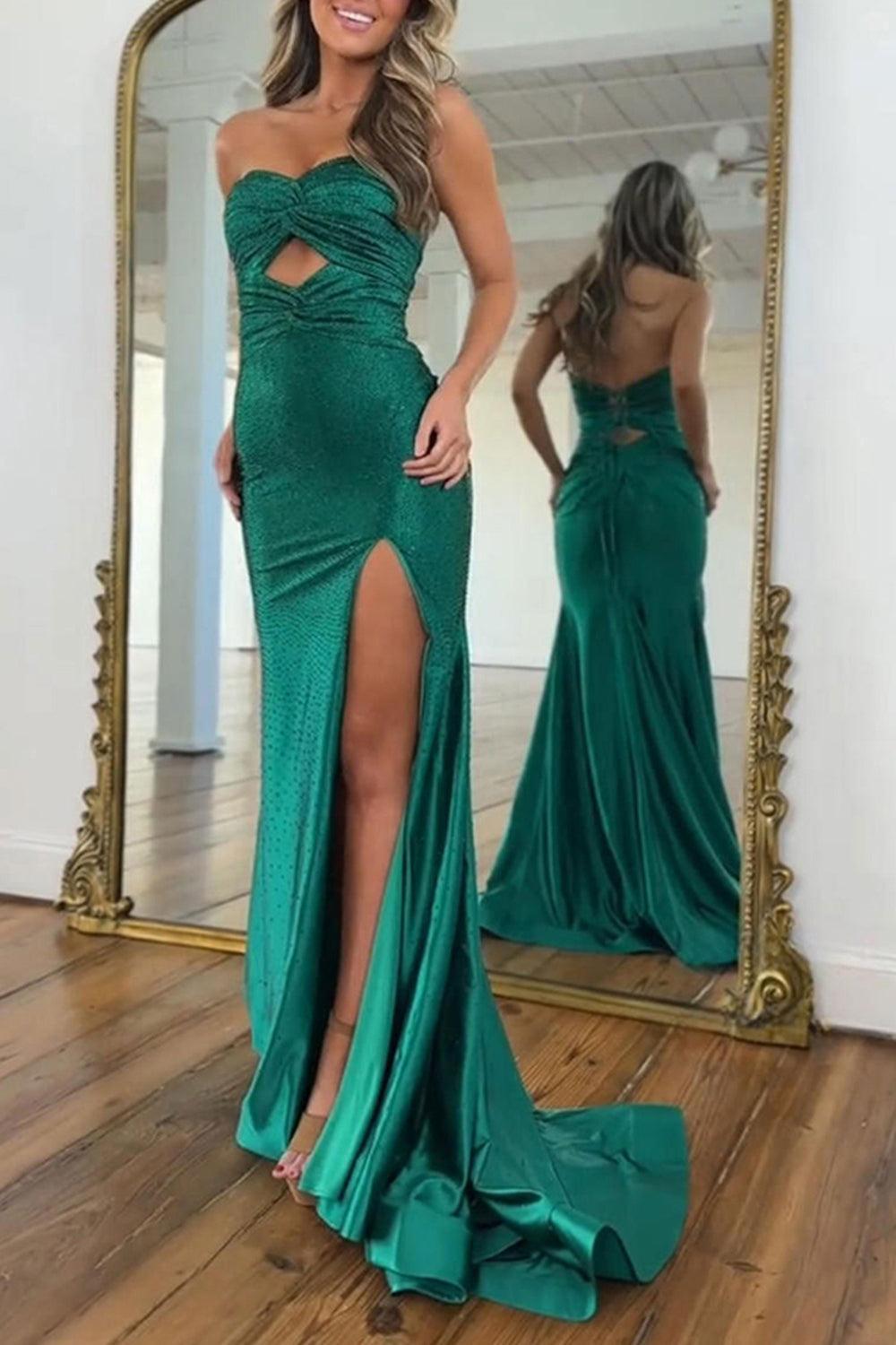 Suzhoufashion Dark Green Mermaid Prom Dress Beaded Sweetheart Satin Long Formal Dress With Slit