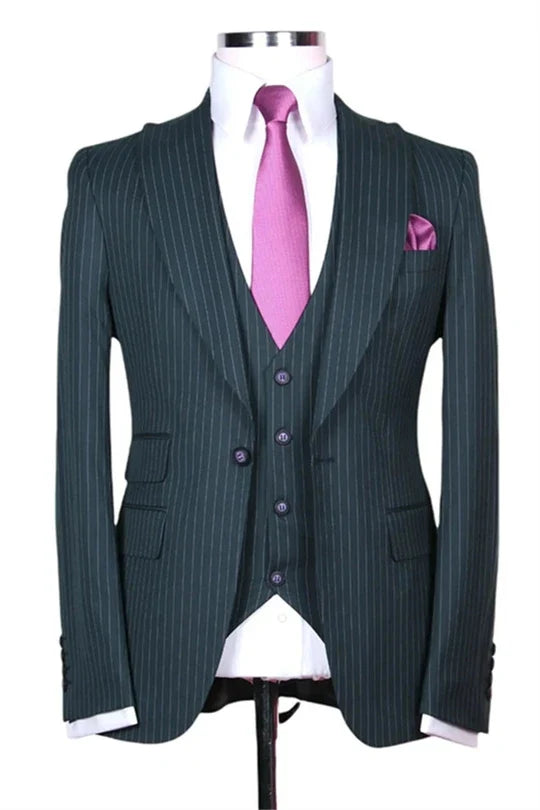 Suzhoufashion Dark Green Single Breasted Striped Best Fitted Men Suits