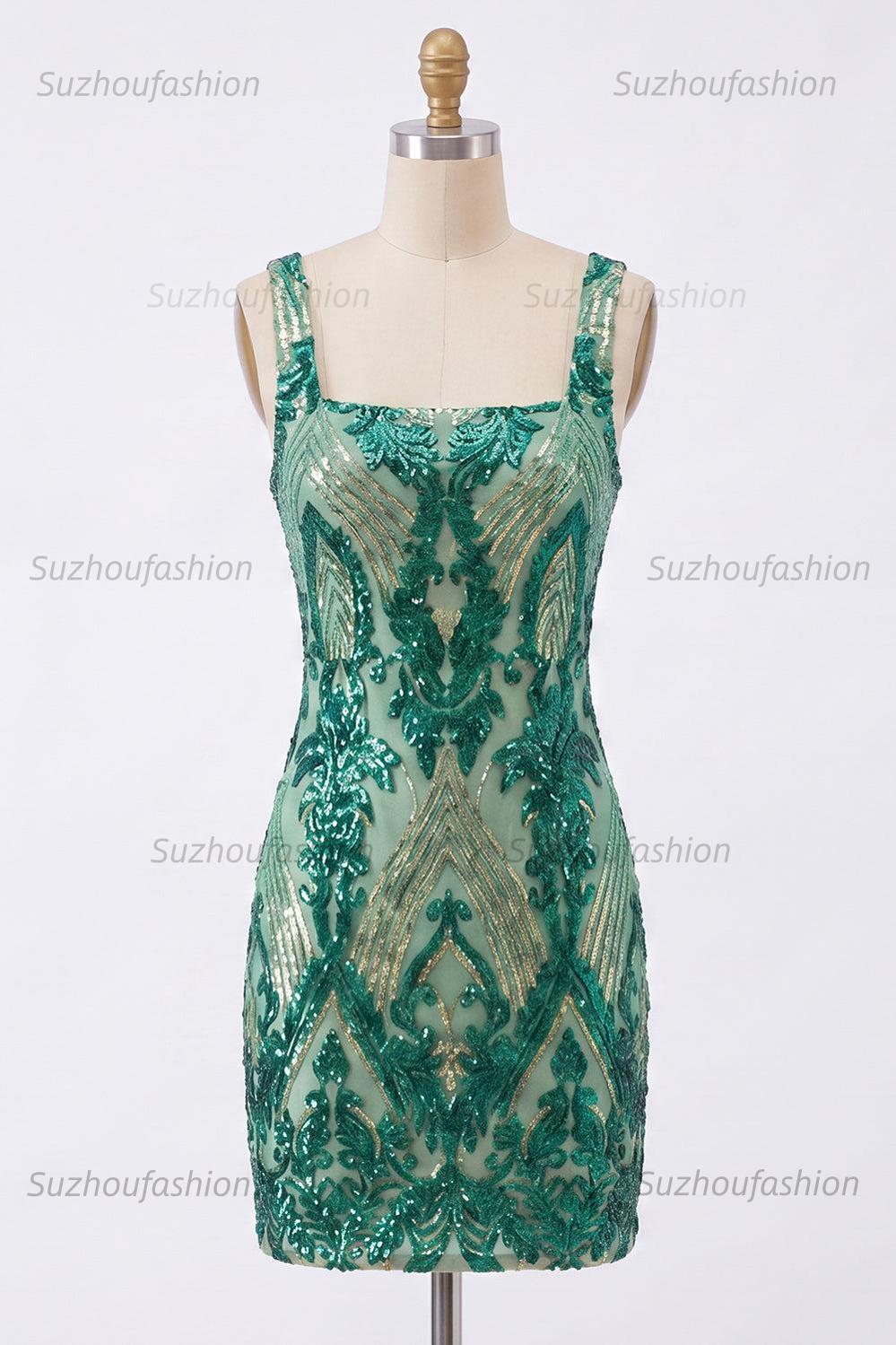 Suzhoufashion Dark Green Square Neck Sequin Tight Short Homecoming Dress