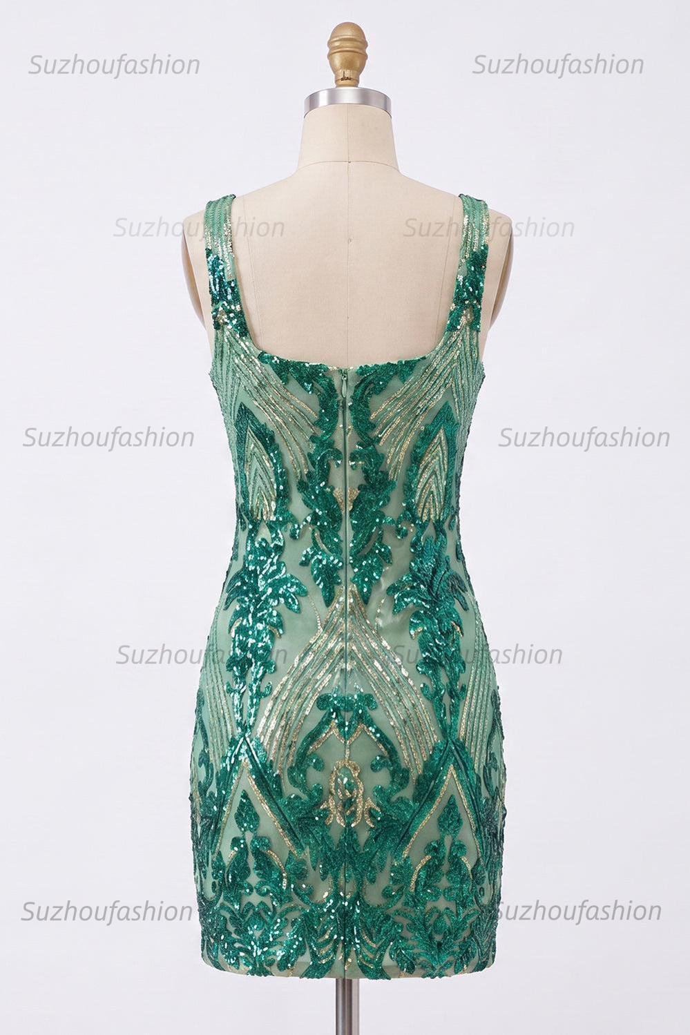Suzhoufashion Dark Green Square Neck Sequin Tight Short Homecoming Dress