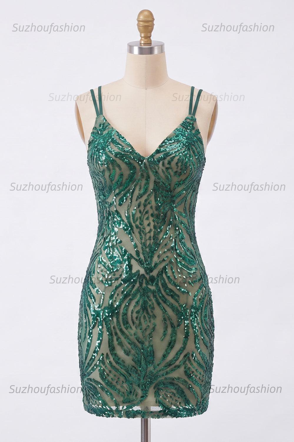 Suzhoufashion Dark Green V-Neck Sequin Tight Short Homecoming Dress