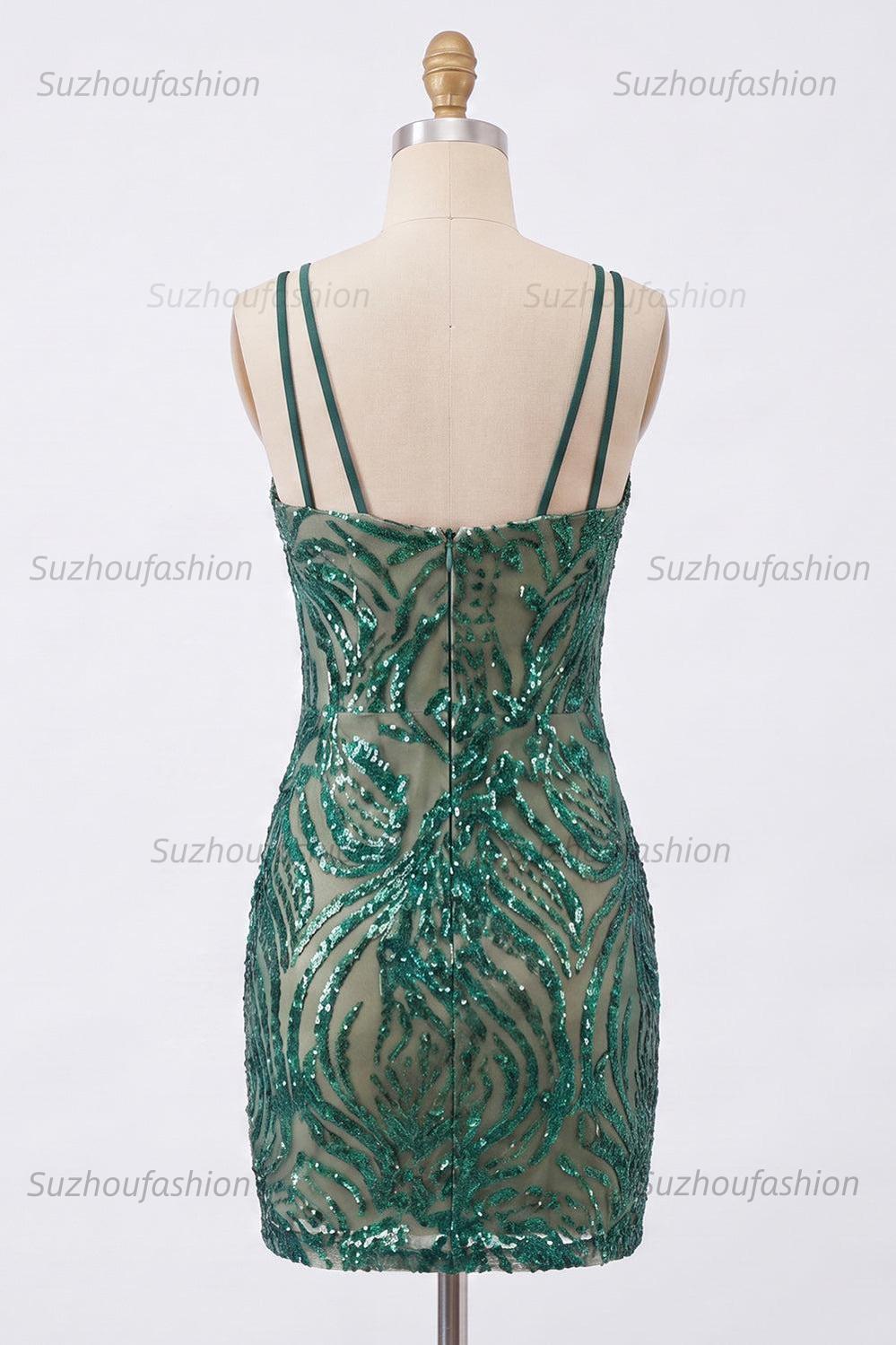 Suzhoufashion Dark Green V-Neck Sequin Tight Short Homecoming Dress