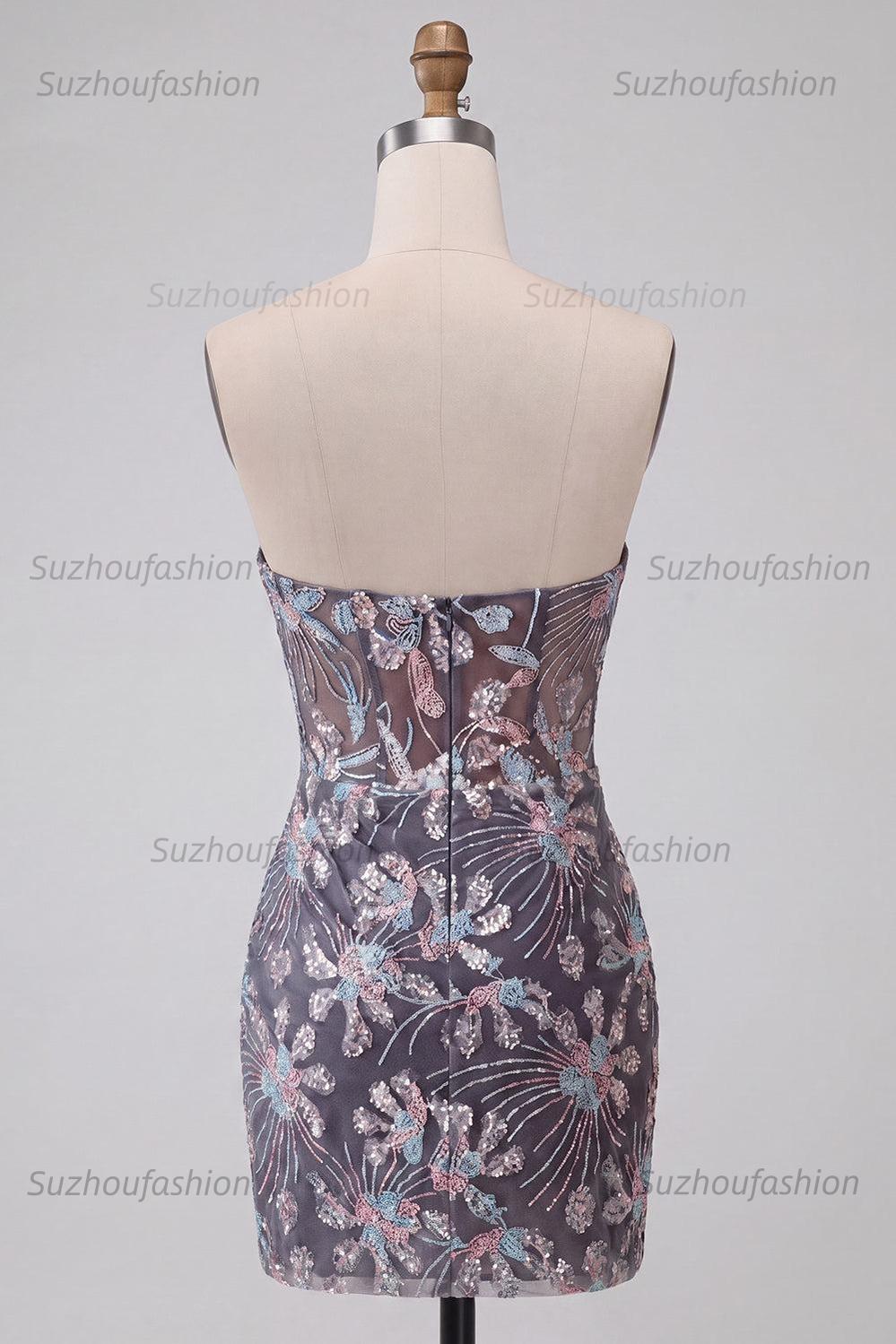Suzhoufashion Dark Grey Floral Draped Corset Strapless Tight Short Homecoming Dress