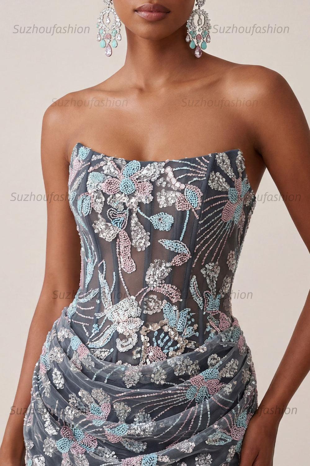 Suzhoufashion Dark Grey Floral Draped Corset Strapless Tight Short Homecoming Dress