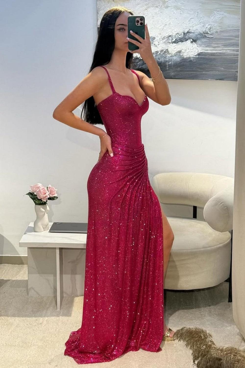 Suzhoufashion Dark Red Glitter Bodycon Homecoming Dress With Sweetheart Neck Spaghetti Straps Ruched Side Slit Formal Evening Gown