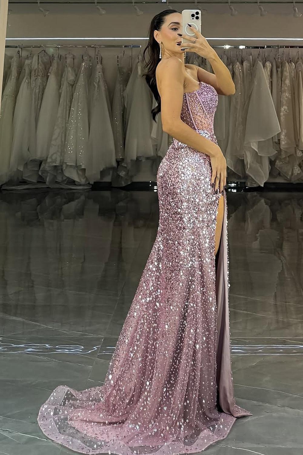 Suzhoufashion Dazzling Purple Sequin High-Slit Formal Dress With Structured Corset Formal Evening Gown