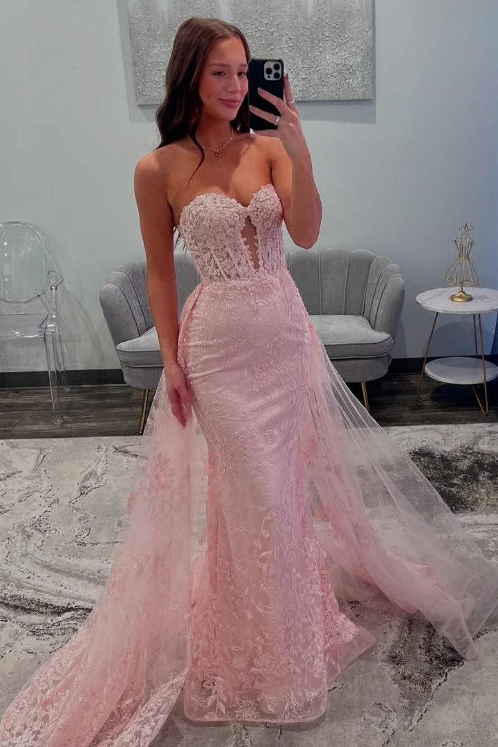 Suzhoufashion Pink Mermaid Sweetheart Lace Prom Dress With Tulle Train Formal Evening Gown