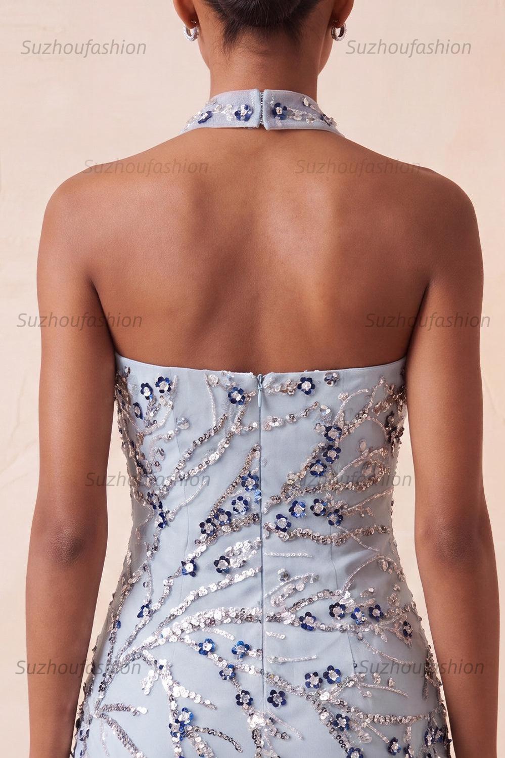 Suzhoufashion Dusty Blue Floral Fringed Sequins Tight Short Homecoming Dress