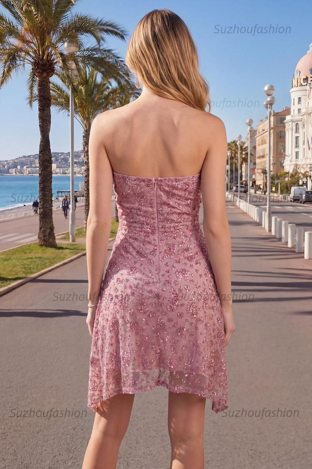 Suzhoufashion Dusty Rose Beaded Ruched Strapless Short Homecoming Dress
