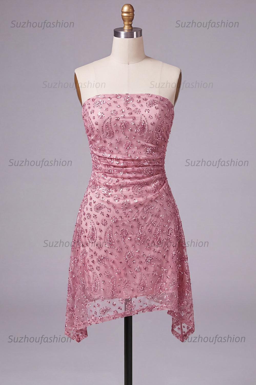Suzhoufashion Dusty Rose Beaded Ruched Strapless Short Homecoming Dress