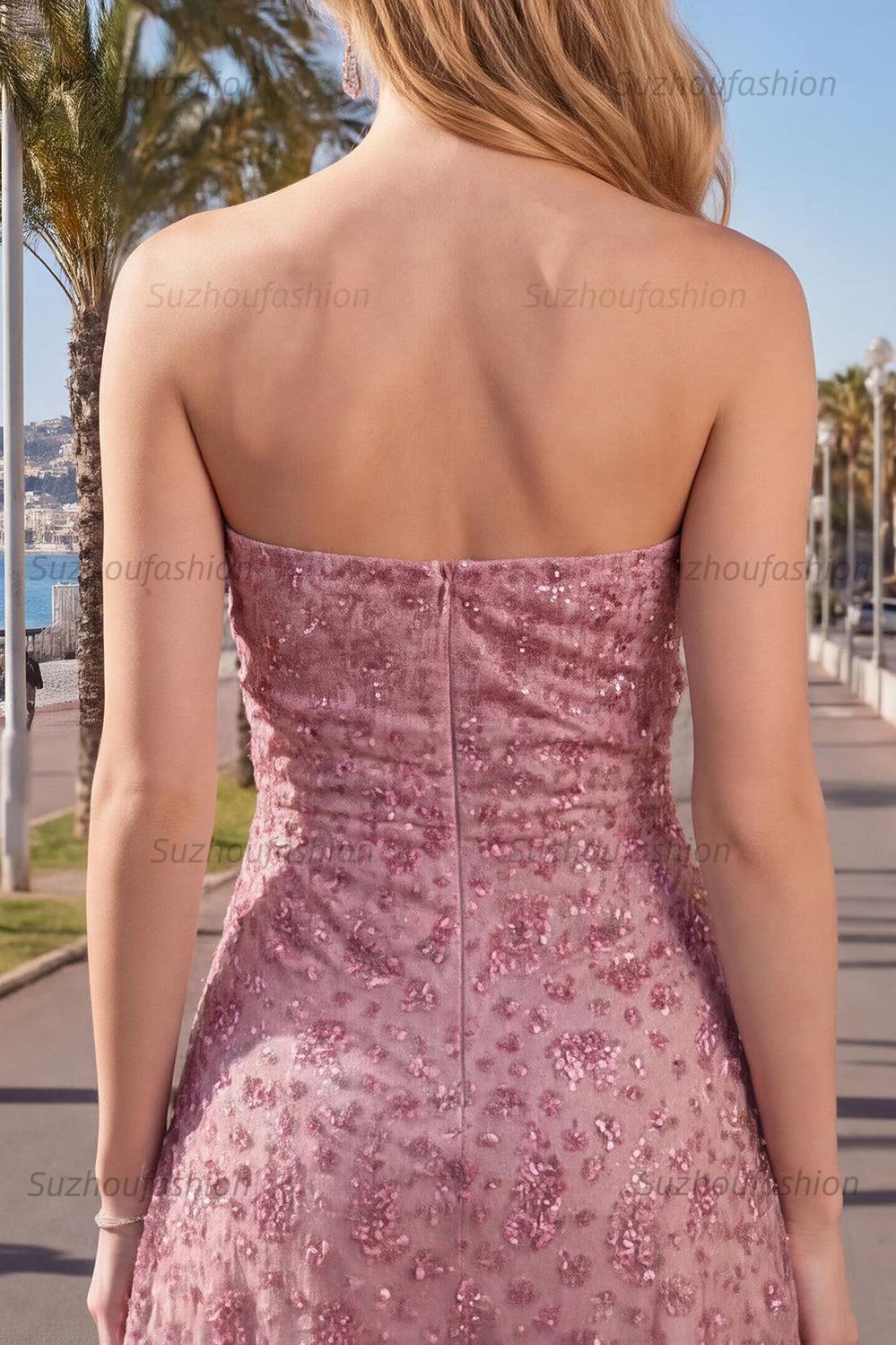 Suzhoufashion Dusty Rose Beaded Ruched Strapless Short Homecoming Dress
