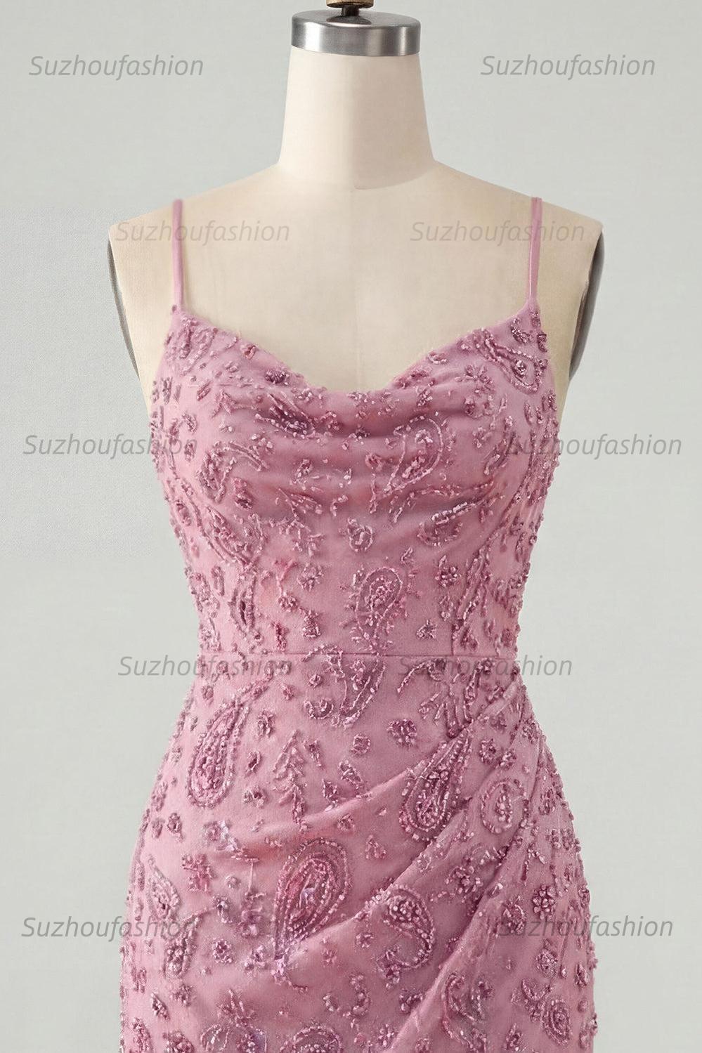 Suzhoufashion Dusty Rose Beaded Ruched Tight Cowl Neck Short Homecoming Dress