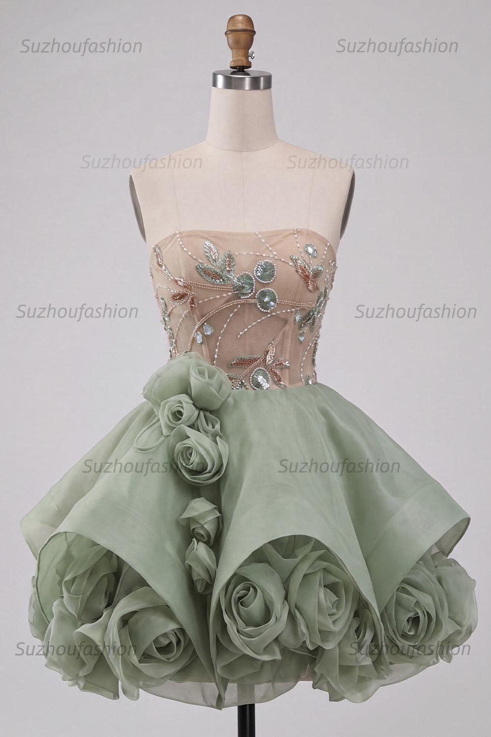 Suzhoufashion Dusty Sage Beaded A Line Corset Short Homecoming Dress with 3D Flowers