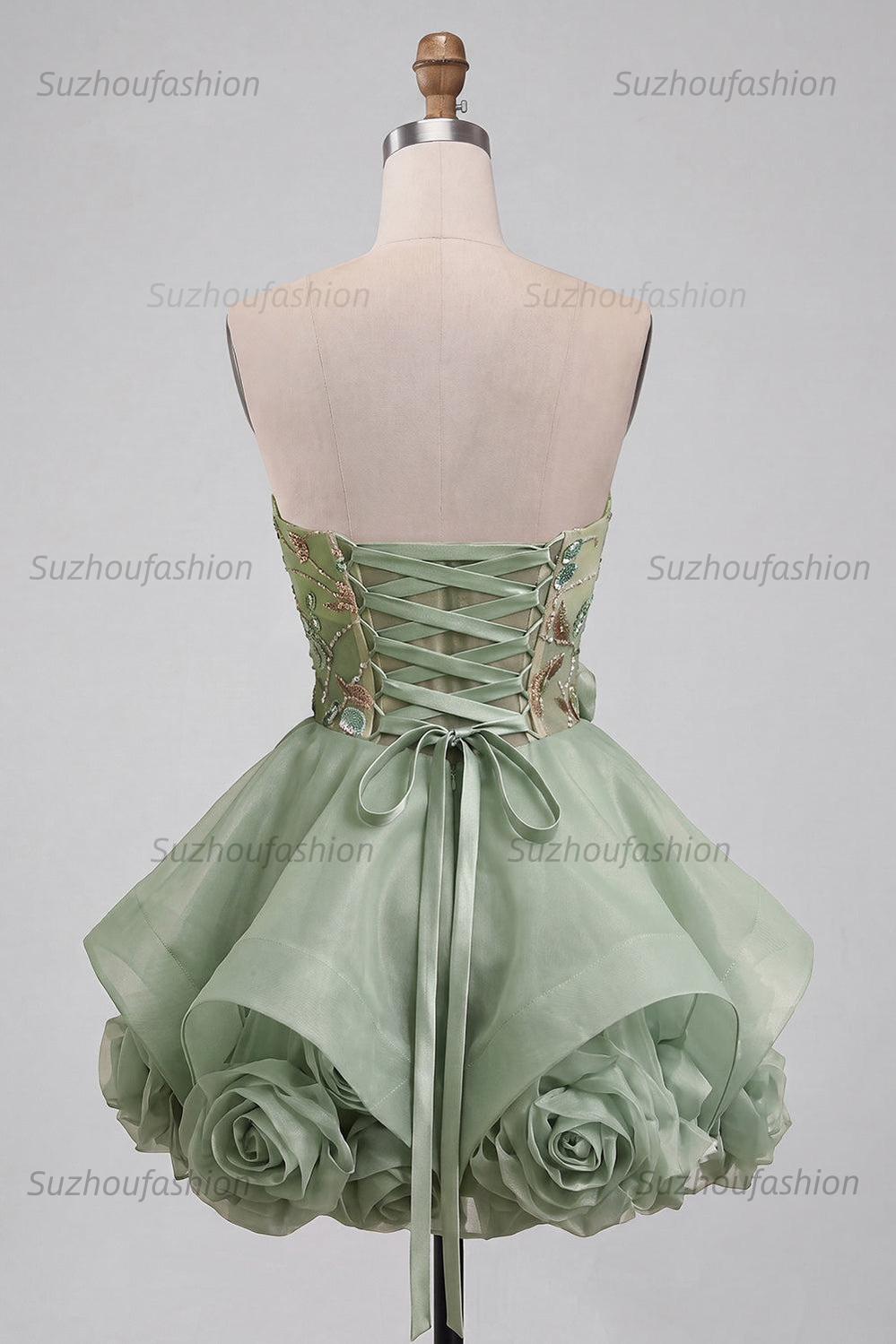 Suzhoufashion Dusty Sage Beaded A Line Corset Short Homecoming Dress with 3D Flowers